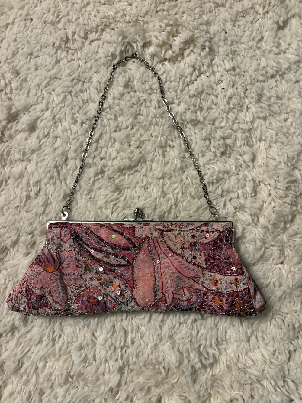 Y2K Express beaded baguette clutch in pink paisley with a silver chain strap